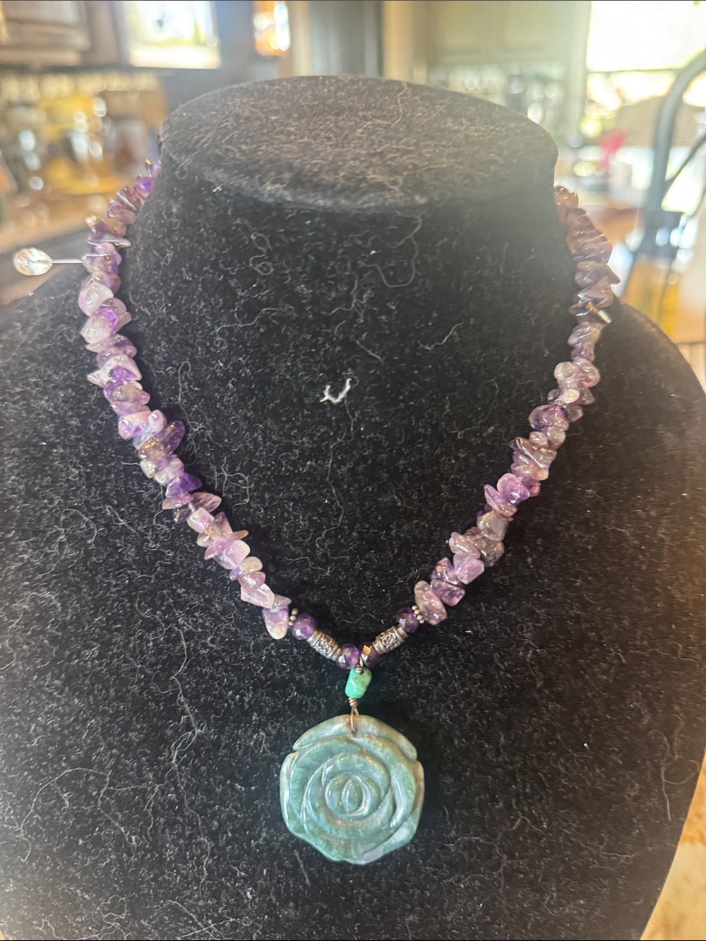 Purple Amethyst Chip Necklace with Turquoise Rose Pendant